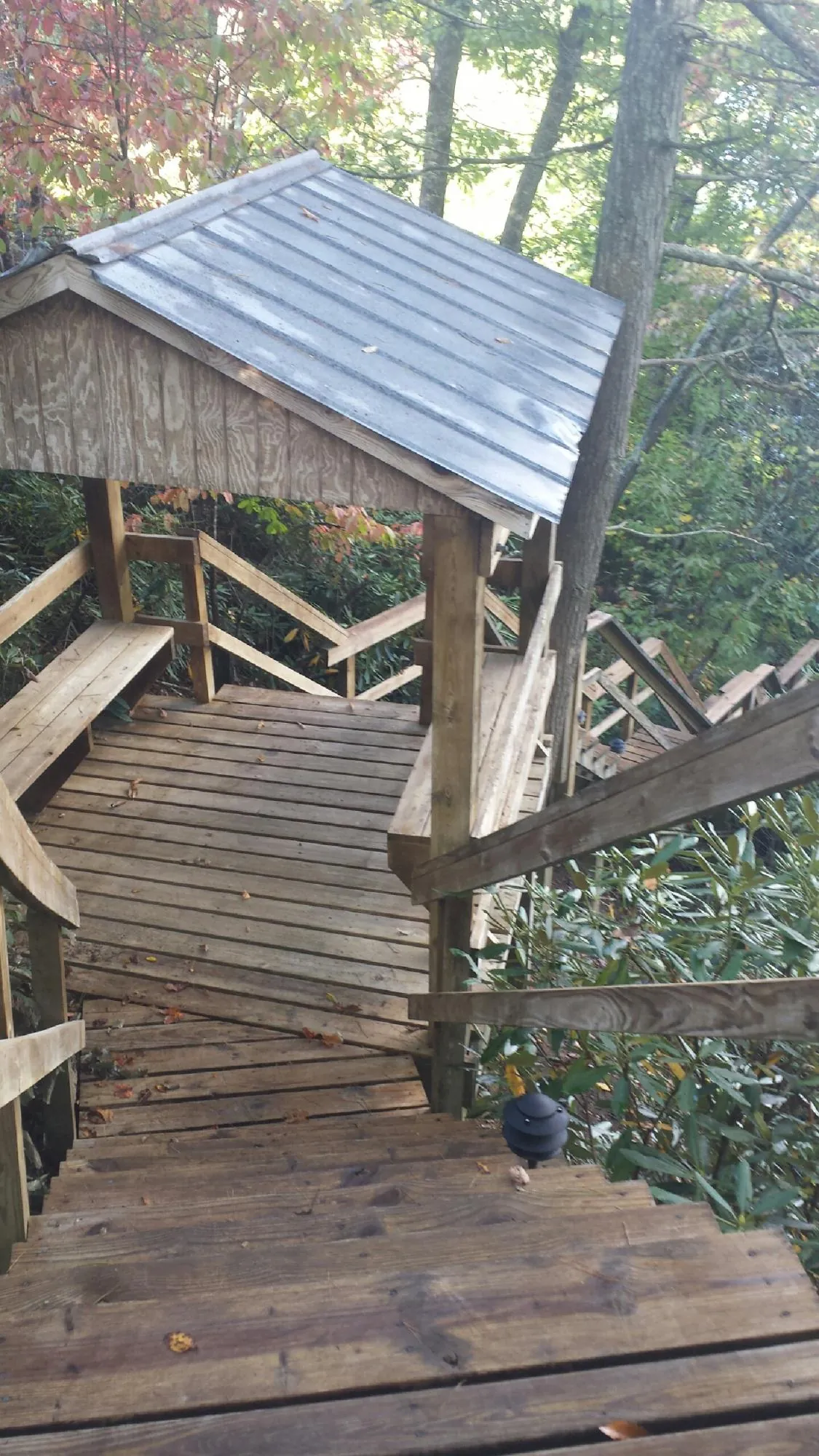 Metal roofed shelter over wooden steps on a wooded walkway — Skylight Repair & Installation work by our crew in Pointblank